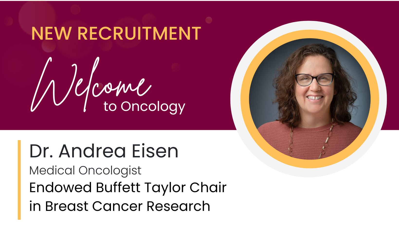 image of new recruitment announcement for Dr. Andrea Eisen, medical oncologist and endowed buffett taylor chair in breast cancer research joins the department of oncology at McMaster
